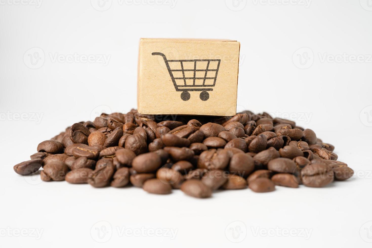 låda med kundvagn logotyp symbol på kaffebönor, importera export shopping online eller e-handel leverans service butik produkt frakt, handel, leverantörskoncept. foto