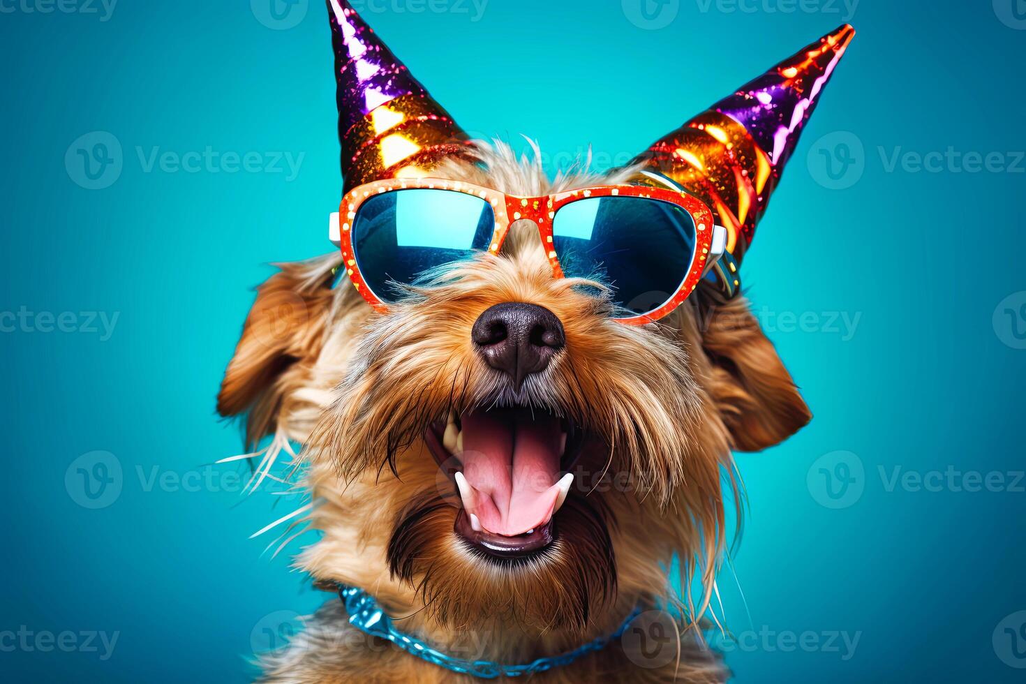 ai genererad hund bär fest hatt och solglasögon foto