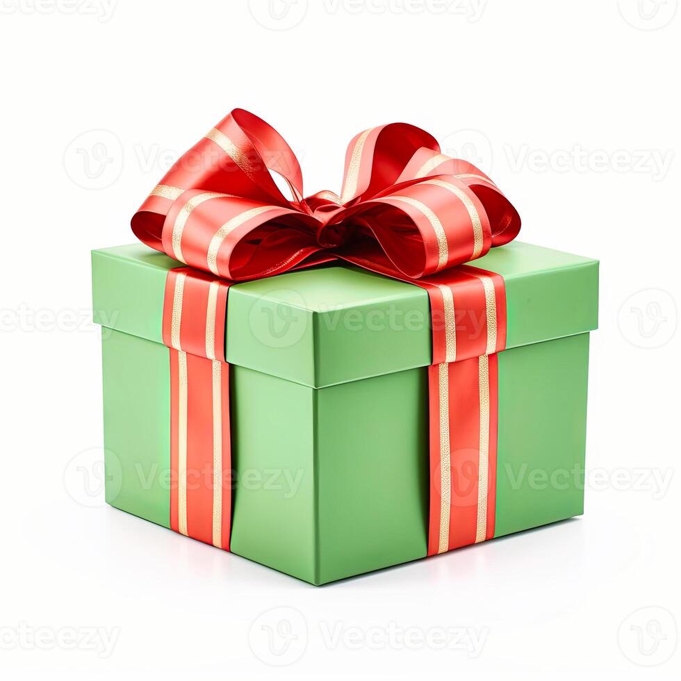 ai genererad grön gåva låda med röd rosett foto