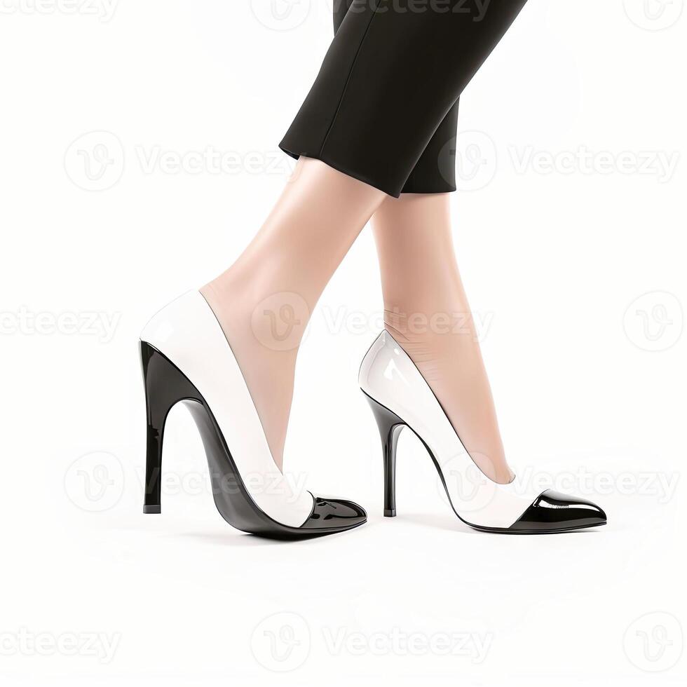 ai genererad kvinna ben i skor isolerat på vit bakgrund foto