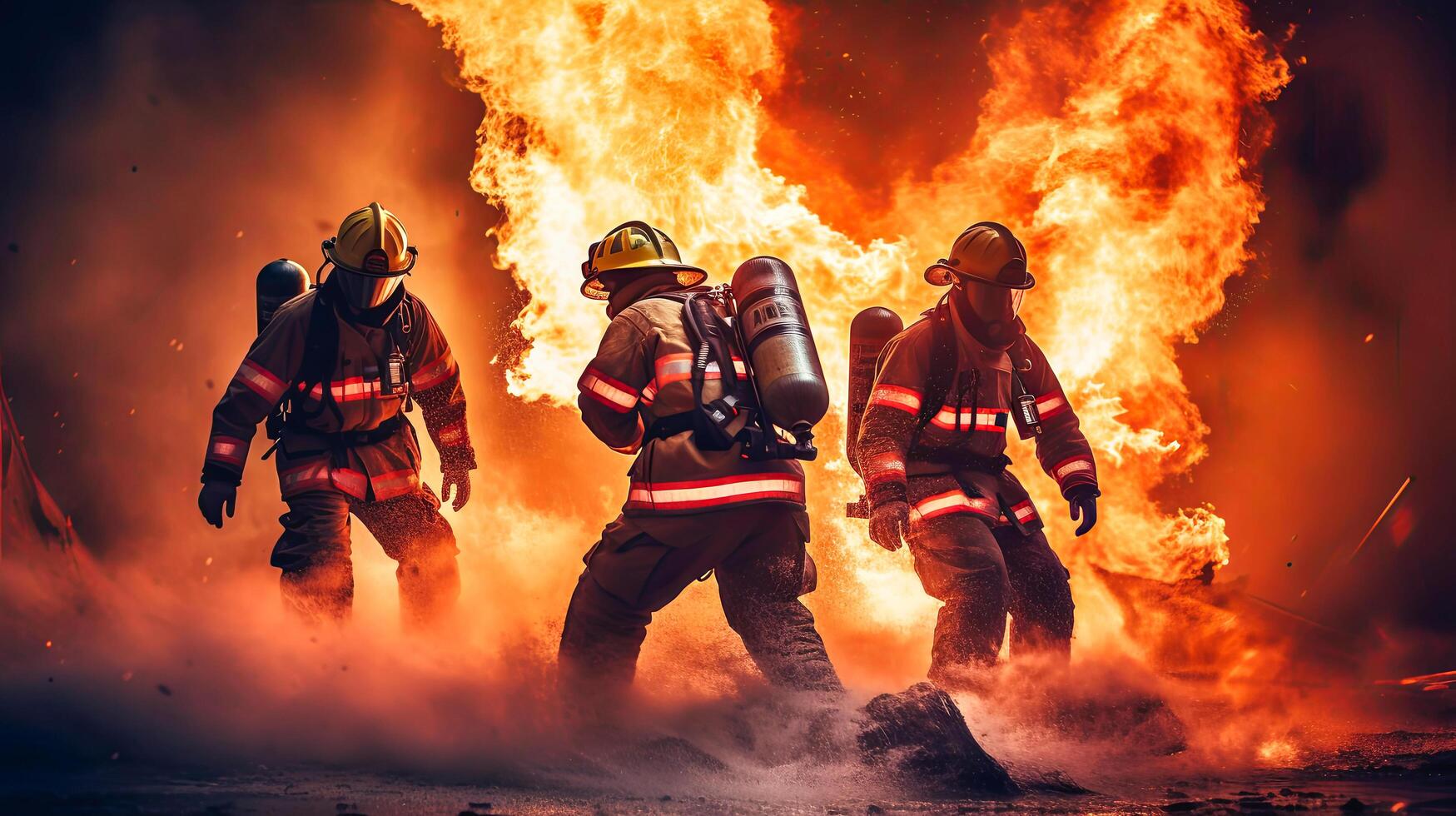 ai genererad grupp av brandmän stående i främre av brand foto