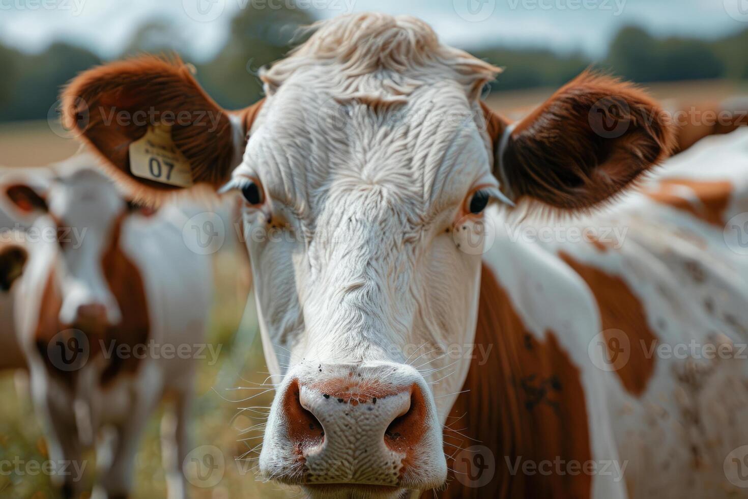 ai genererad ko betning på fält, äter grön gräs på bete foto