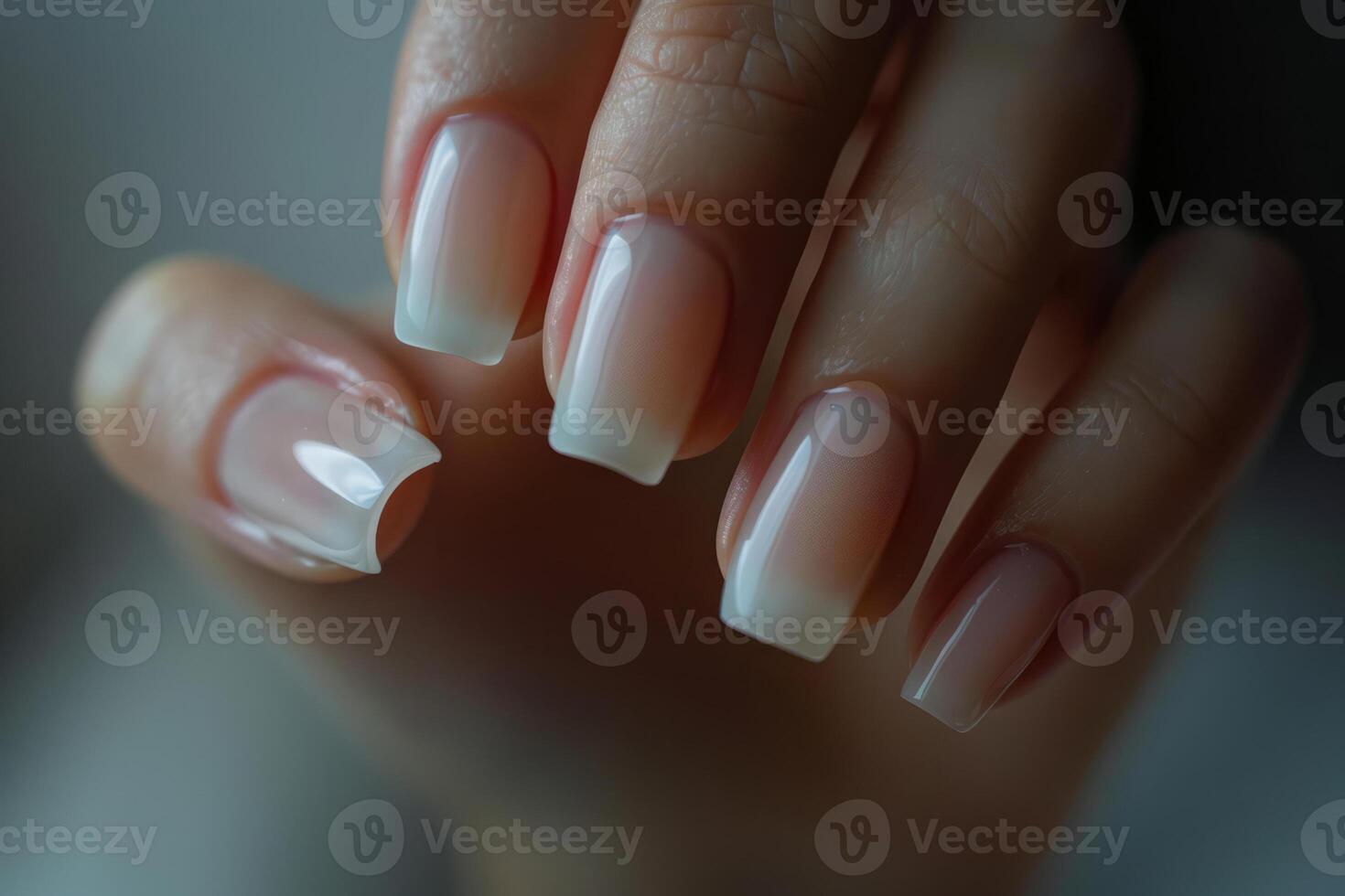ai genererad kvinnas hand med franska manikyr på henne naglar foto