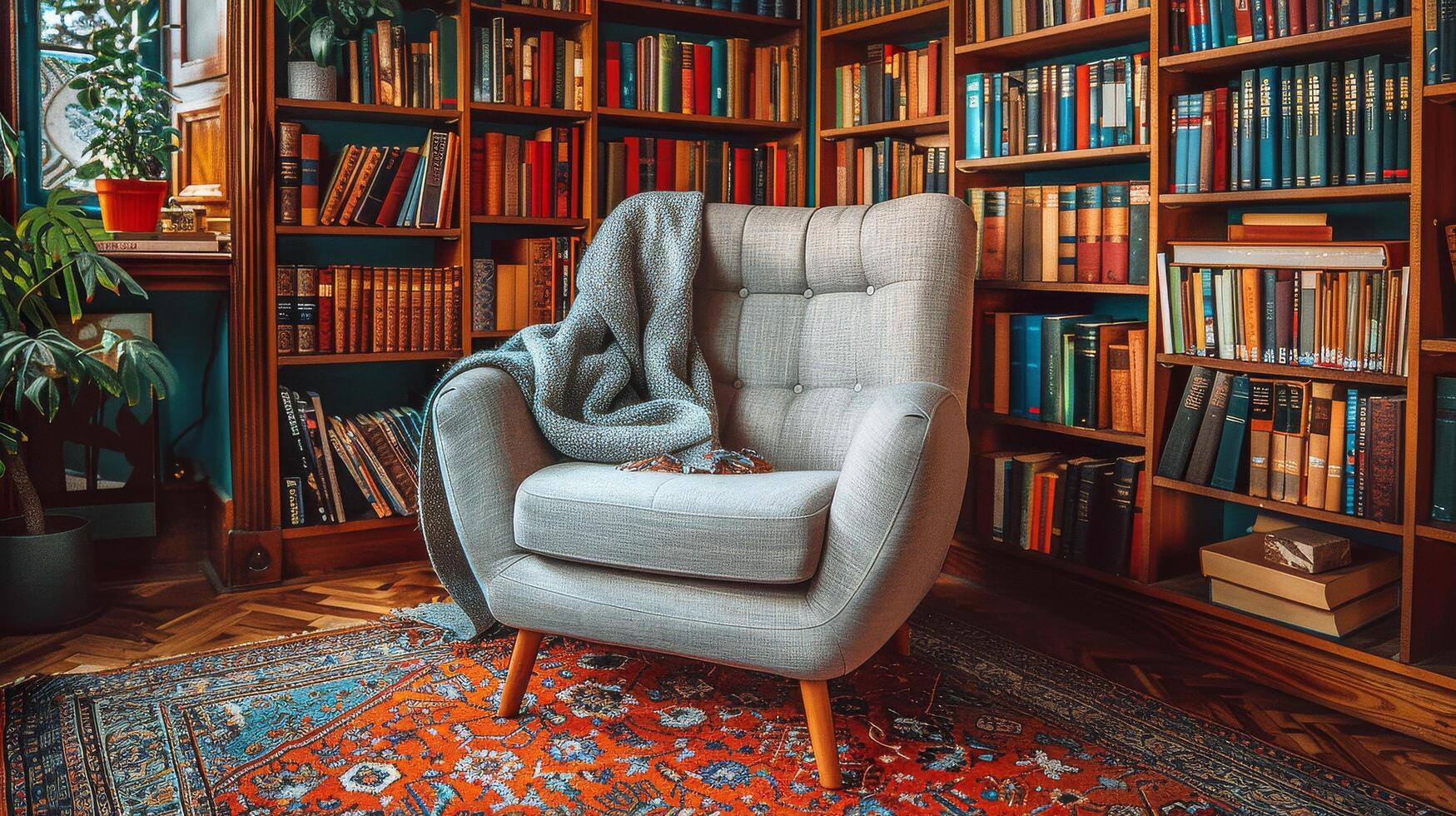 ai genererad stol i främre av bokhylla fylld med böcker foto