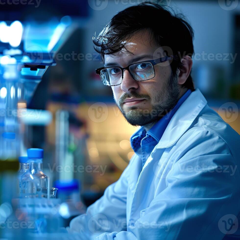 ai genererad porträtt av forskare bär laboratorium täcka håller på med bioteknik forskning foto