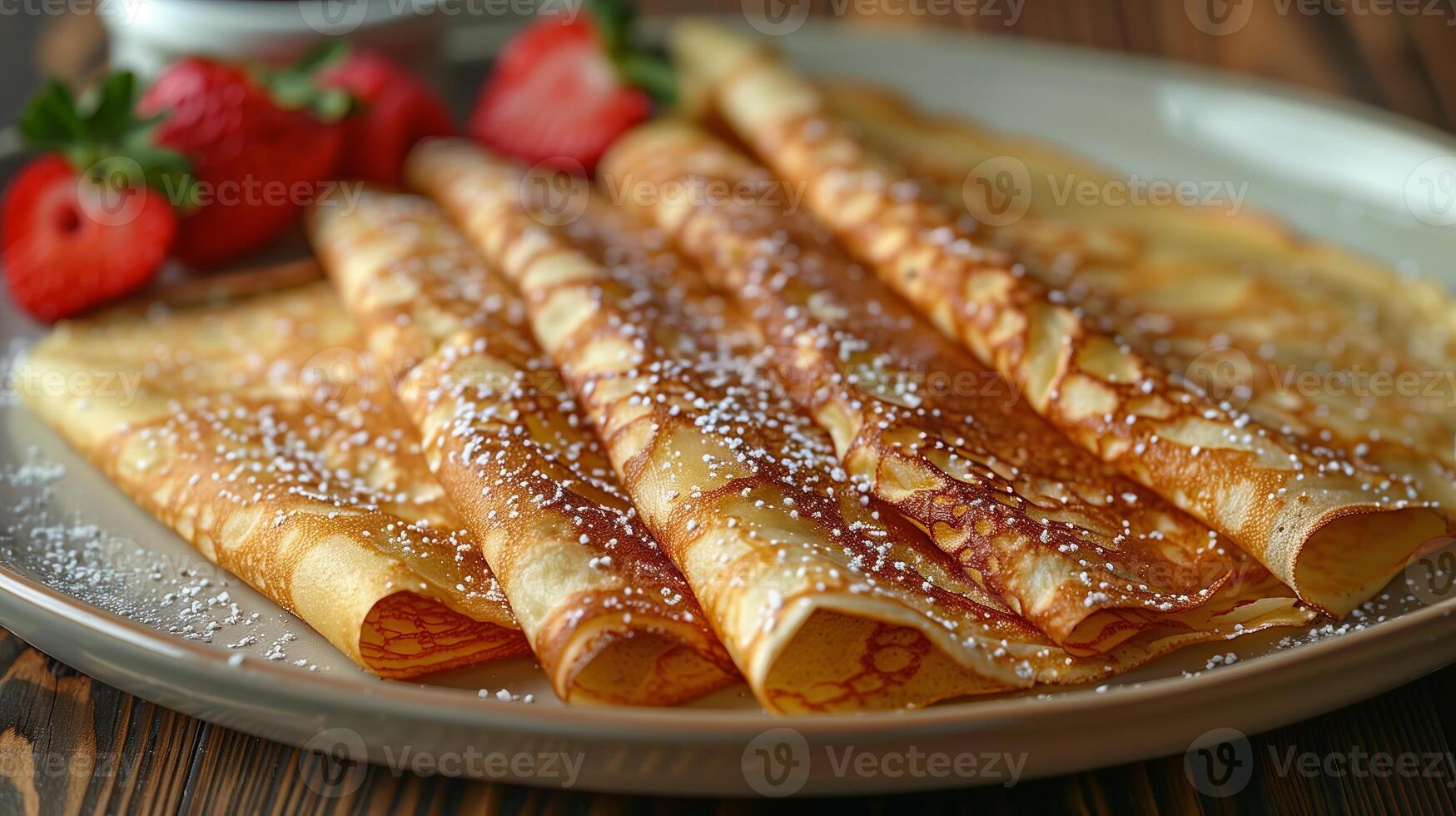 ai genererad tunn ukrainska pannkakor med jordgubbar på porslin tallrik. genererad förbi artificiell intelligens. foto