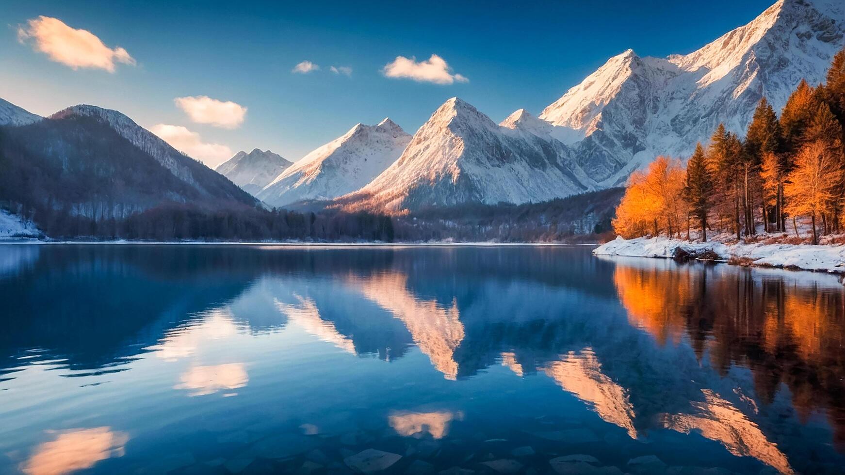 ai genererad sjö och berg skön färgrik landskap solnedgång. foto