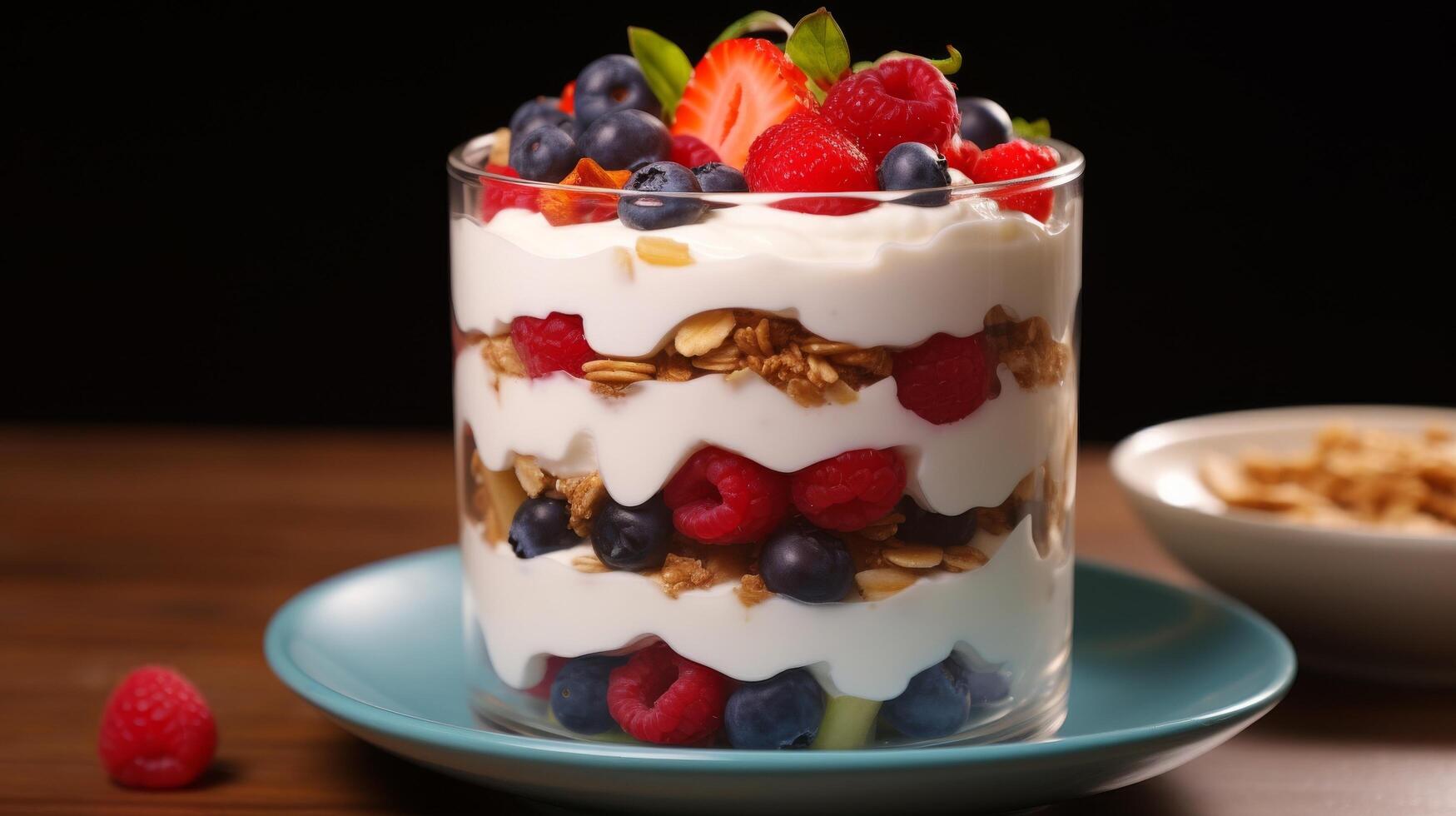 ai genererad parfait med yoghurt och skiktad frukt foto