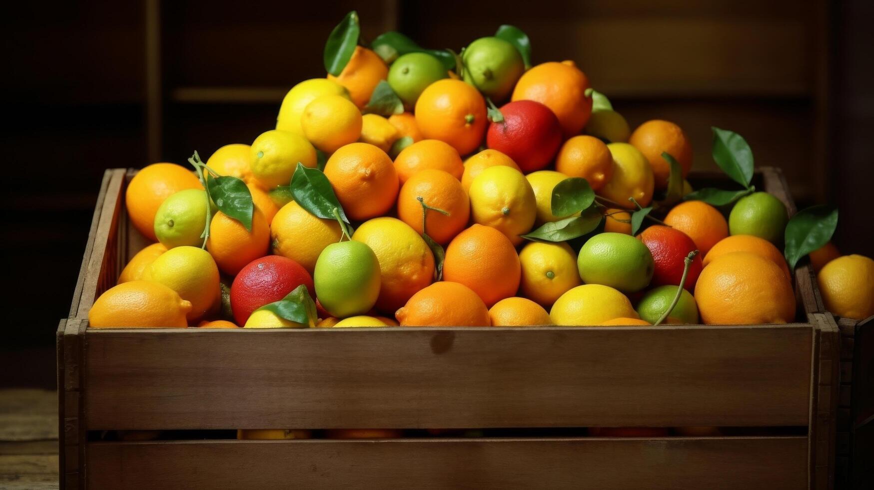 ai genererad charmig visa av blandad citrus- frukt i en rustik spjällåda foto