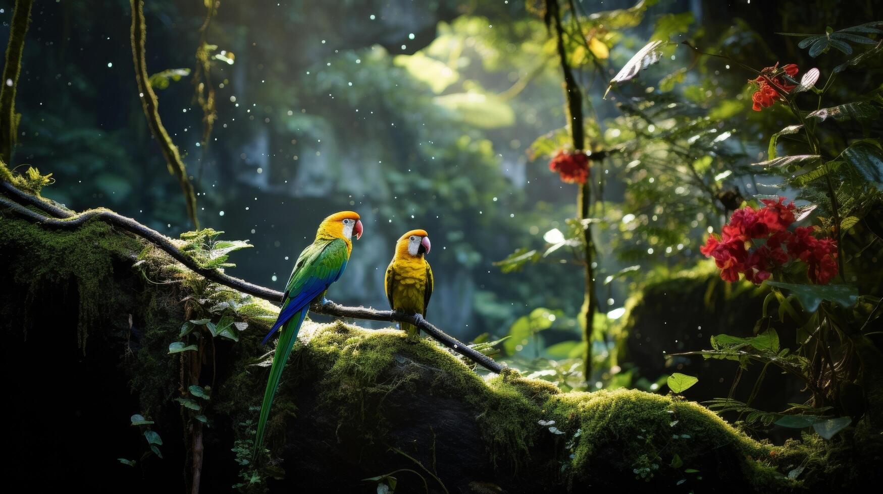 ai genererad en regnskog med vibrerande papegojor och grön lövverk foto