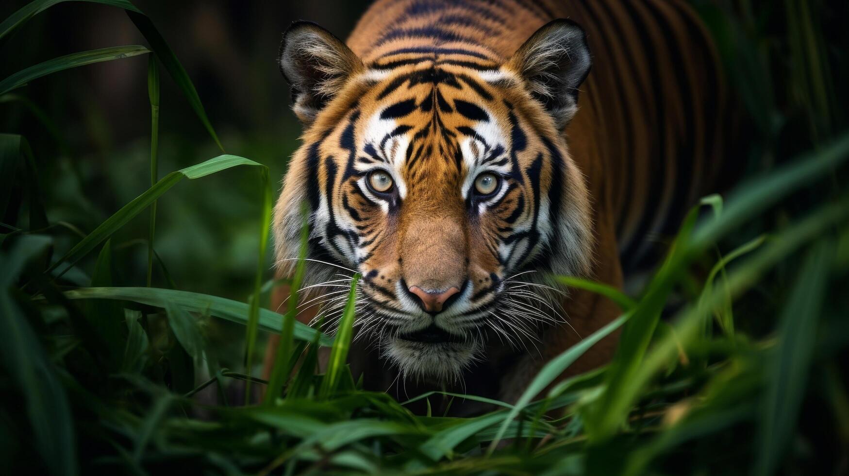 ai genererad våldsam tigrinna i de djungel närbild foto