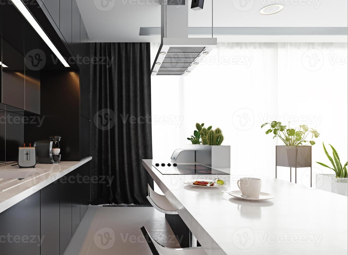 modern kök svart och vit interiör. foto