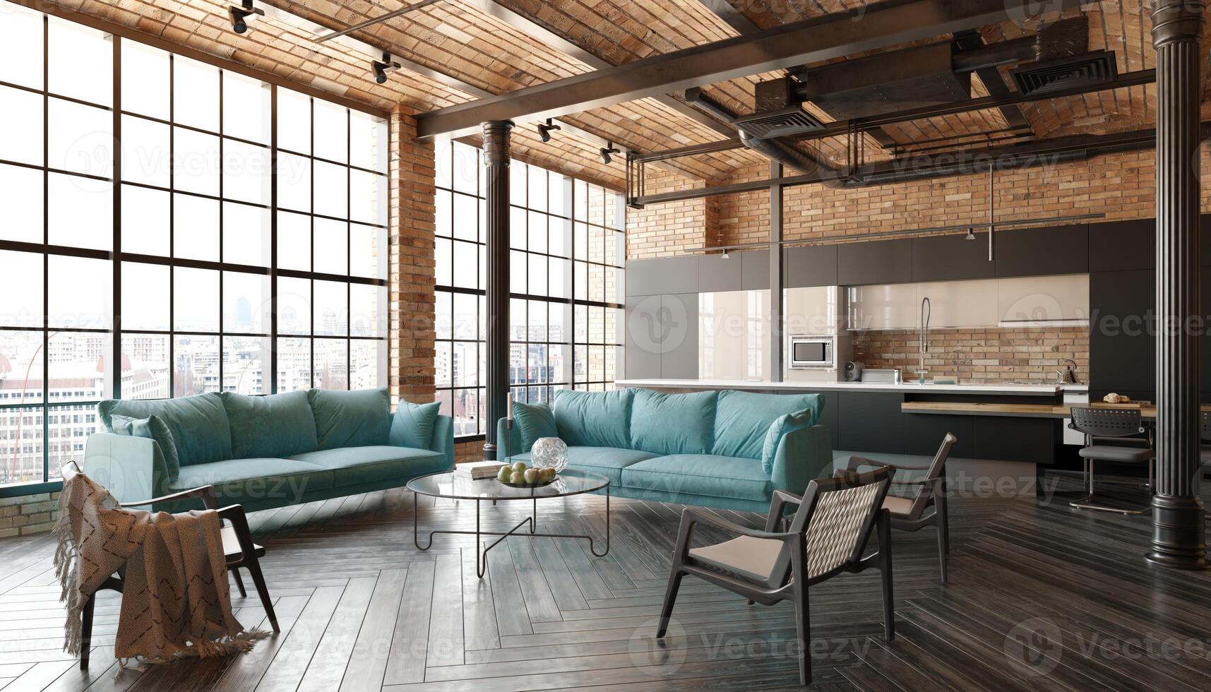 en modern loft levande rum med en soffa, en kök foto