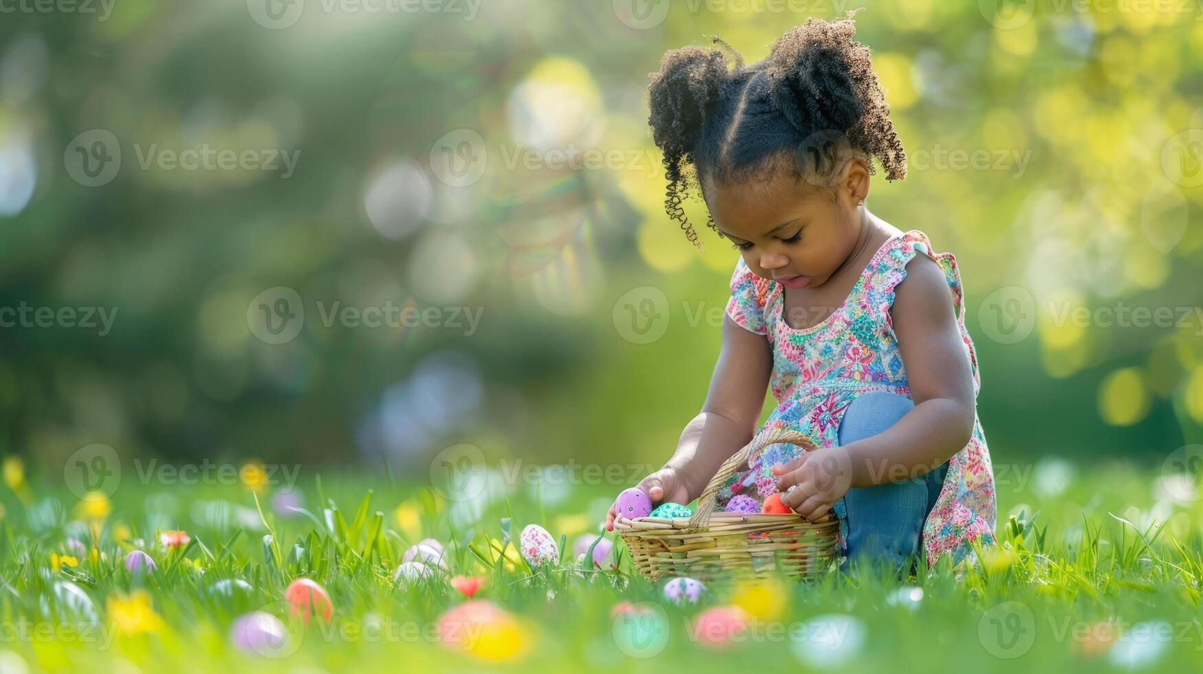 ai genererad liten svart hud flicka jakt för ägg i vår trädgård på påsk dag. skön vår solig dag i parkera. traditionell påsk festival utomhus. foto