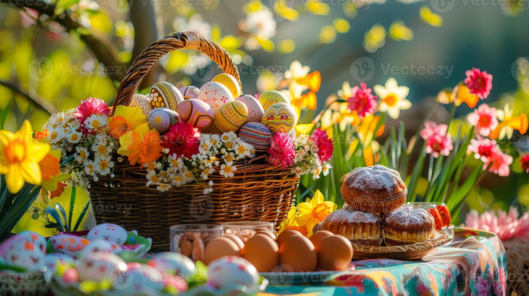 ai genererad sammansättning med påsk ägg och blommor i de vävd korg i de trädgård. vår Semester påsk firande begrepp. foto