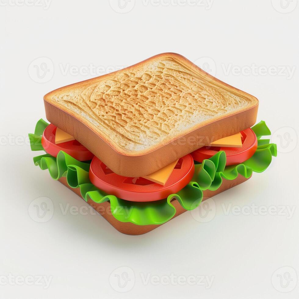 ai genererad realistisk 3d illustration av smörgås med ost och sallad isolerat på vit bakgrund foto