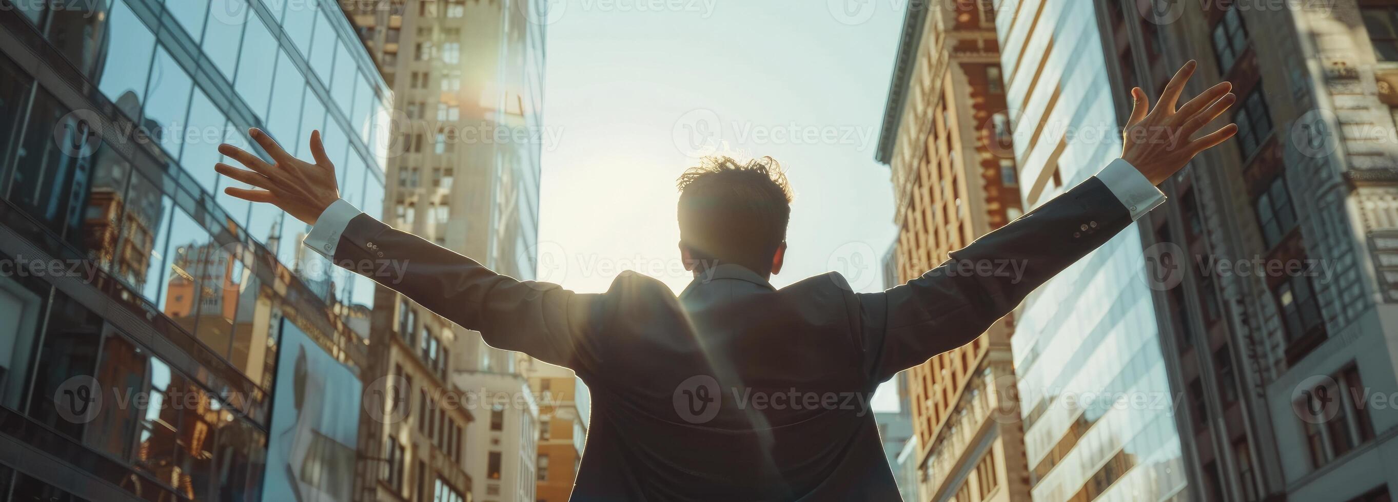 ai genererad tillbaka se av affärsman stående öppen vapen i de stad gata foto