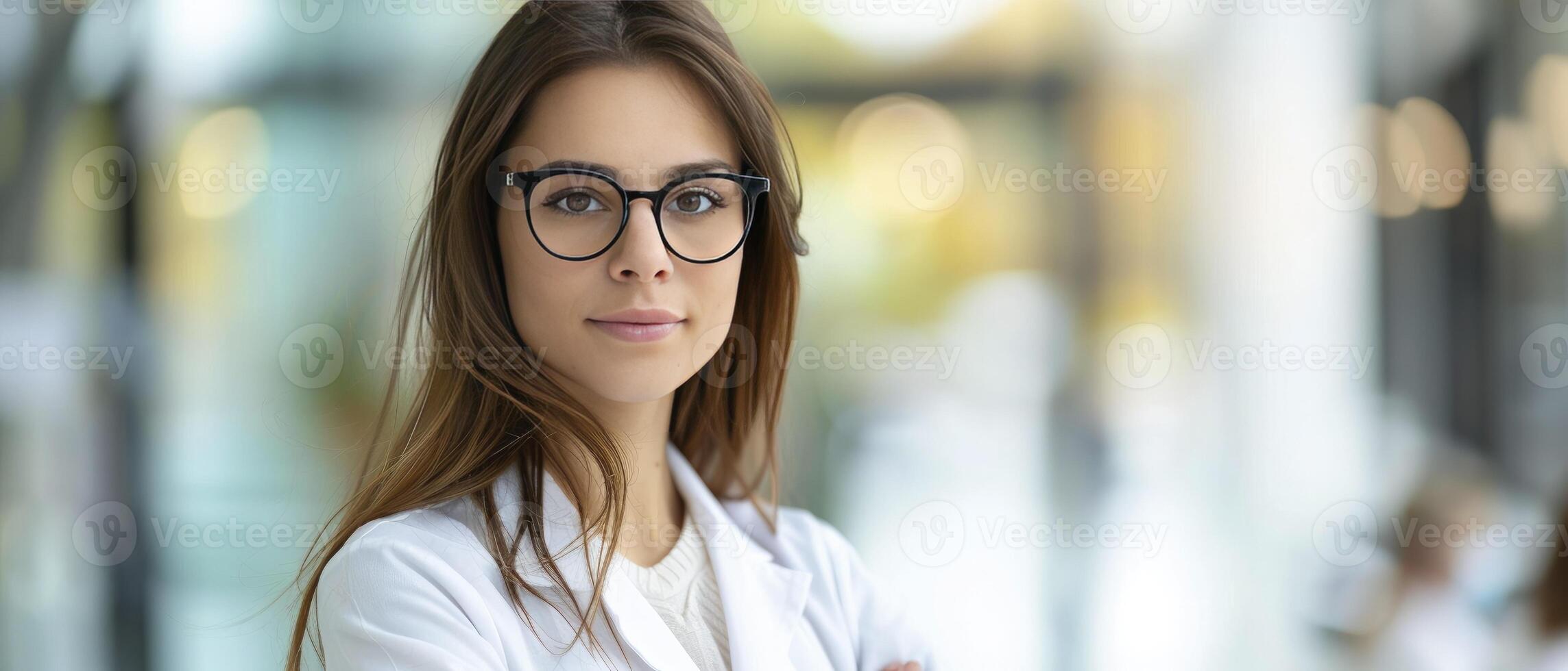 ai genererad innovativ forskning ung kvinna forskare i vit täcka och glasögon ledande en team av specialister i en modern medicinsk vetenskap laboratorium, med suddig bakgrund samarbete arbete foto