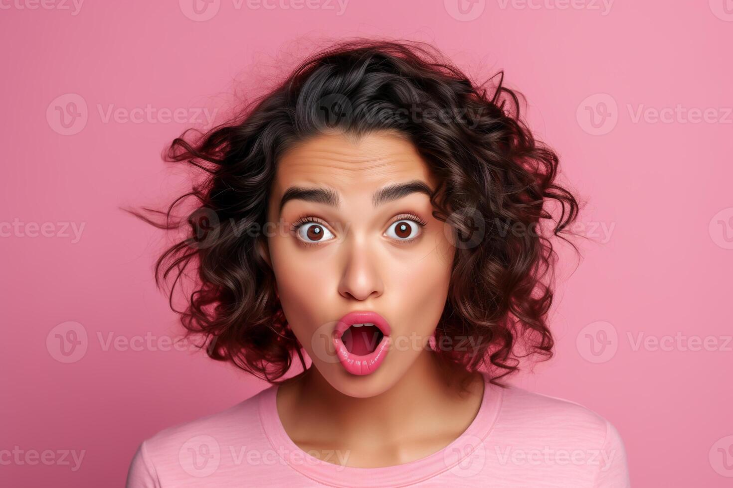 ai genererad ung kvinna framställning rolig ansikte på rosa bakgrund. foto