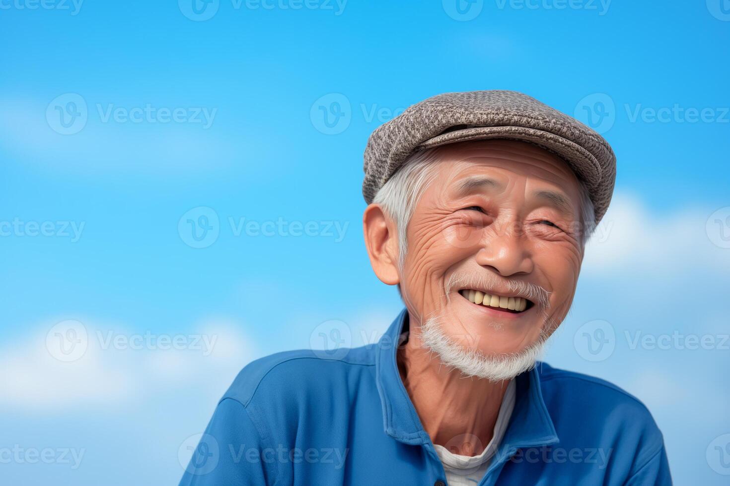 ai genererad Lycklig gammal man på blå himmel bakgrund. porträtt av äldre leende asiatisk man, närbild. foto