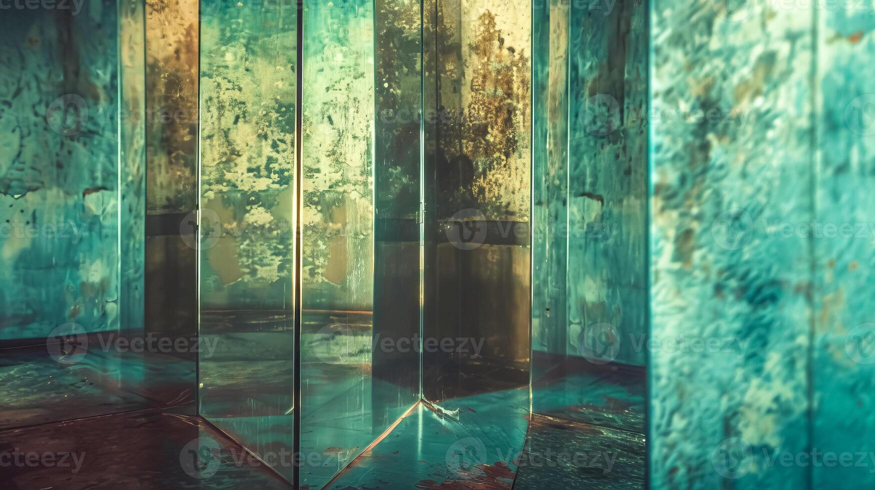 ai genererad mystisk korridor med reflekterande åldrig koppar väggar foto