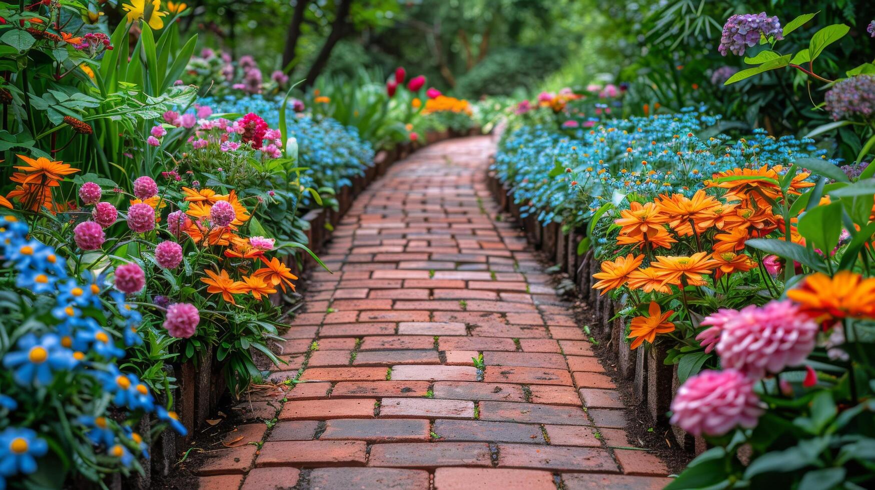 ai genererad färgrik blomfodrad tegel väg foto