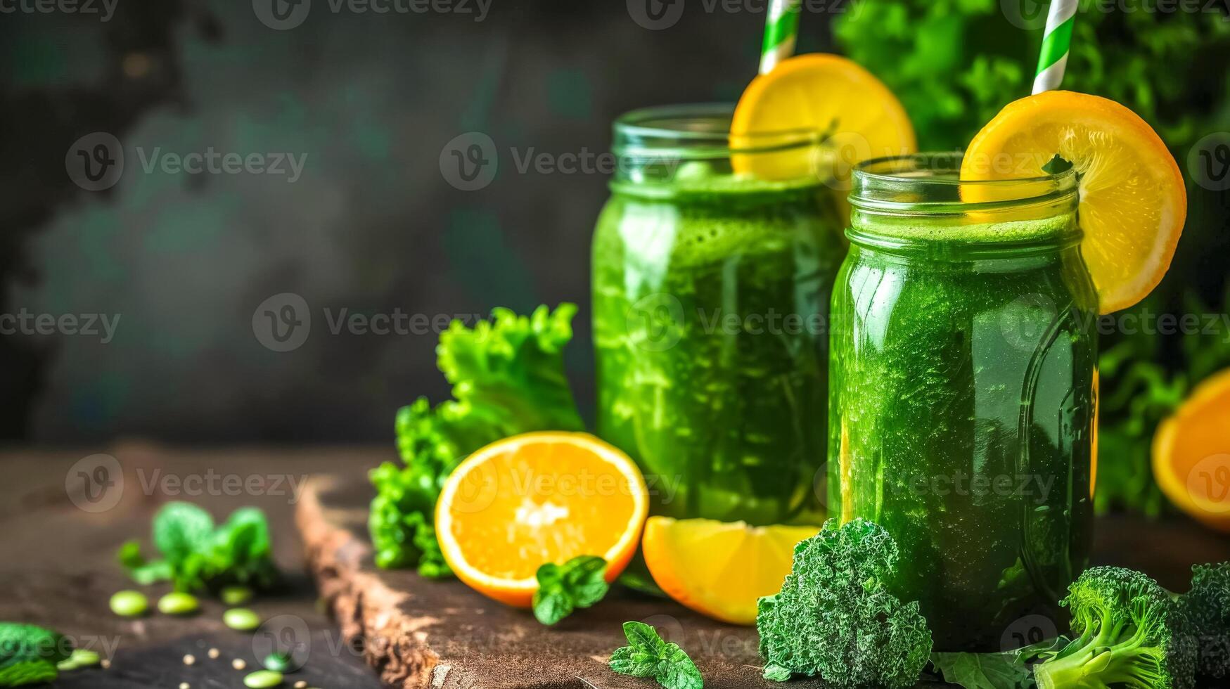 ai genererad färsk grön smoothies i murare burkar med citron- garnering foto