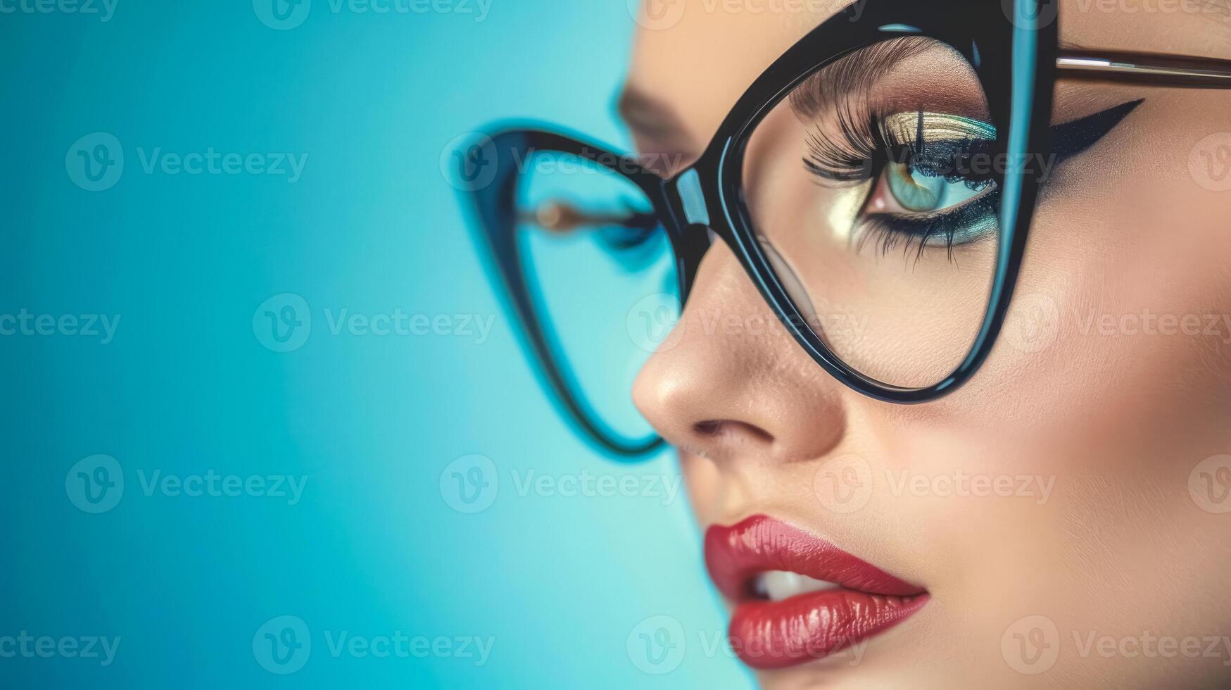 ai genererad eleganta kvinna med svart glasögon på blå bakgrund foto