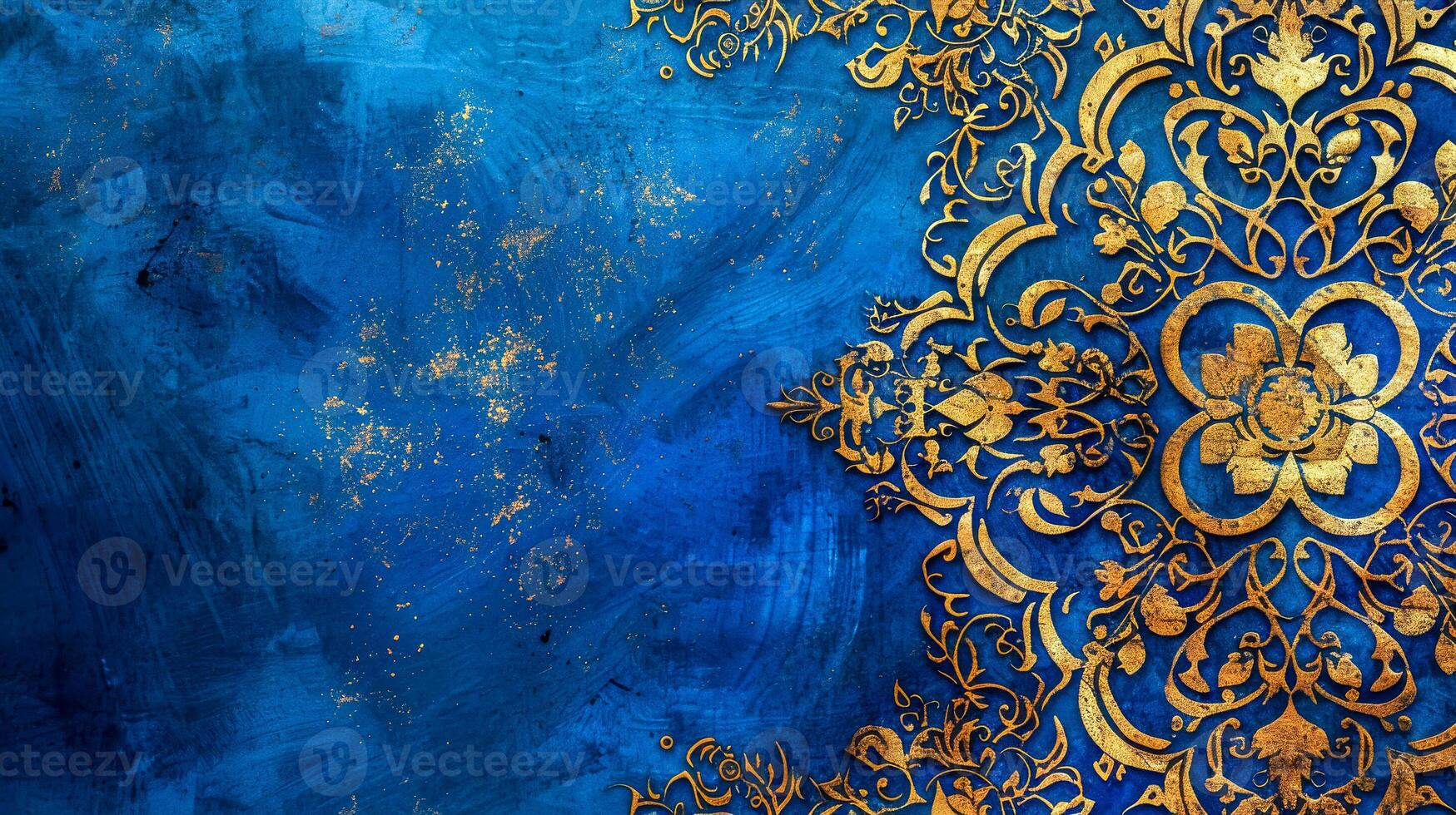 ai genererad gyllene blommig mönster på blå texturerad bakgrund foto