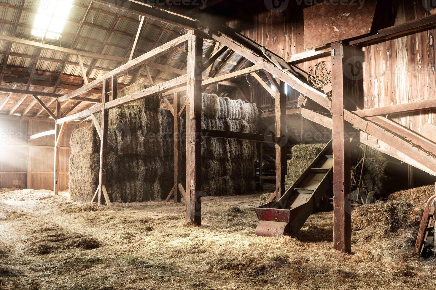 solljus strålar och ljus balkar inuti ett gammal rustik trä- ladugård med hö balar på en bruka foto