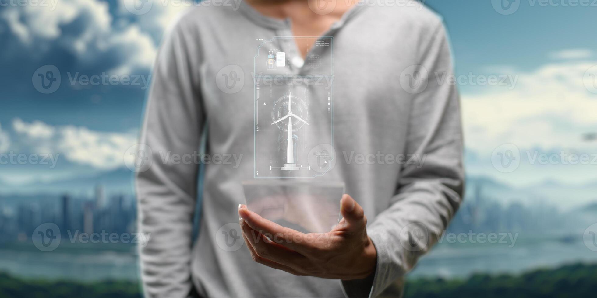 hologram skärm människor kontrollerande de systemet vind turbiner producera elektricitet. eco kö, rena energi från natur. foto