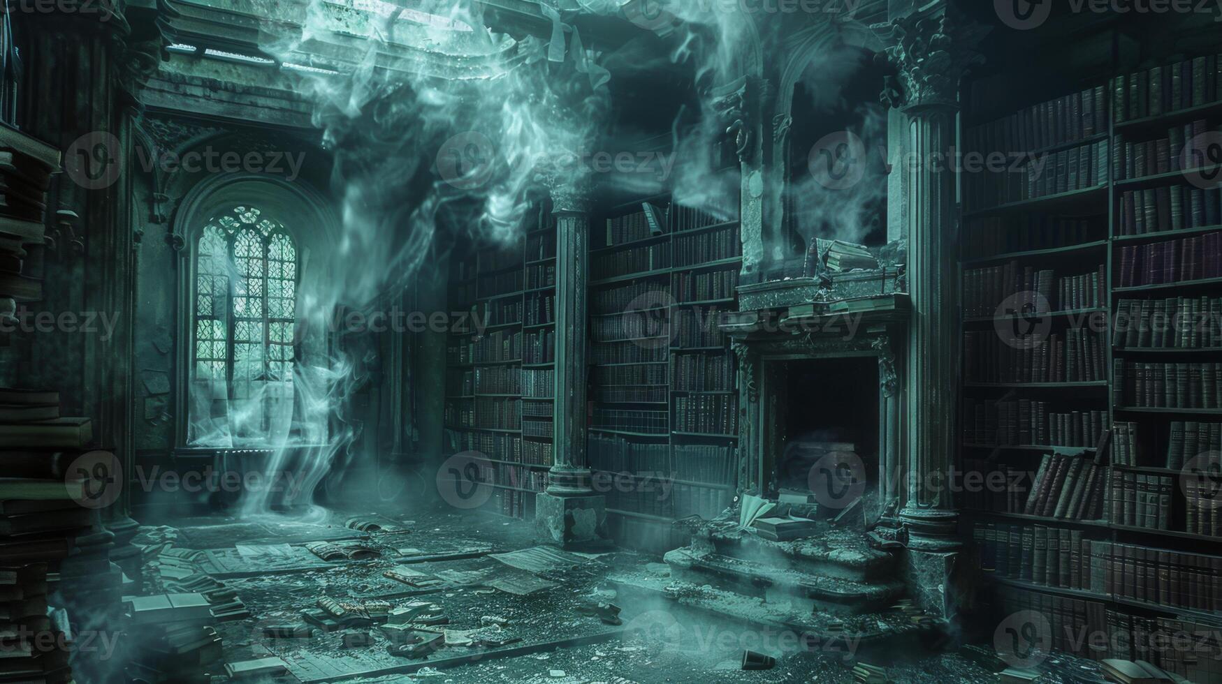 ai genererad gammal, besatt bibliotek med böcker den där falla av hyllor förbi osynlig händer foto