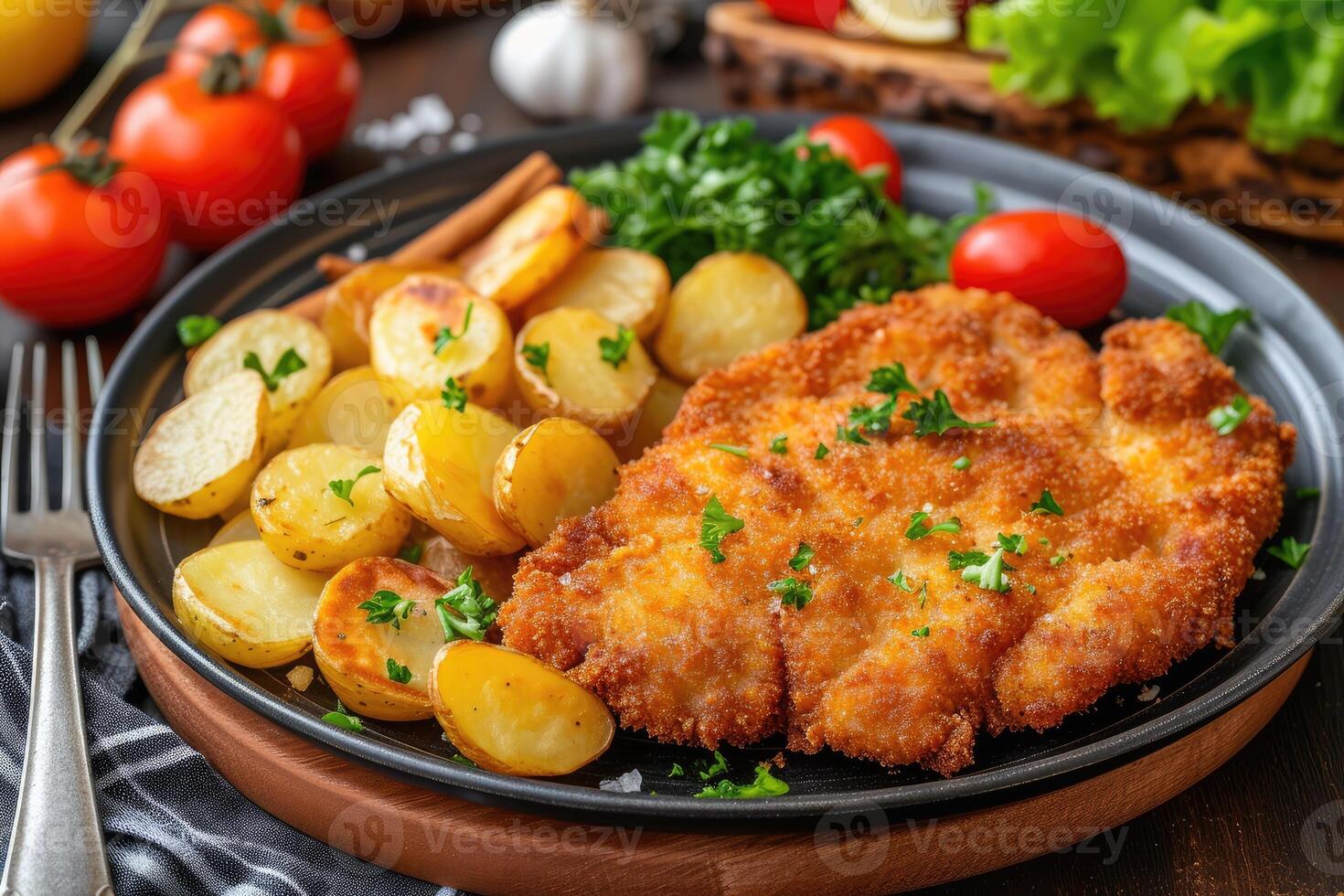 ai genererad schnitzel med potatisar och grönsaker.. foto