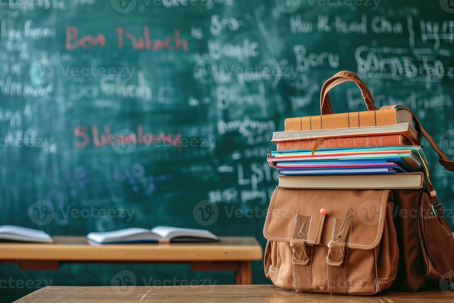 ai genererad skola väska och läroböcker i främre av en svarta tavlan på en skola skrivbord. tillbaka till skola begrepp. foto