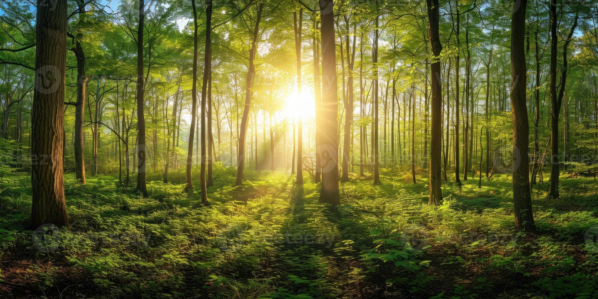 ai genererad skön skog panorama med ljus Sol lysande genom de träd foto