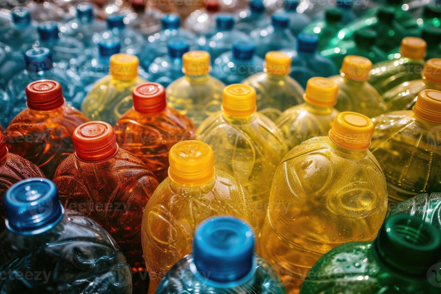 ai genererad tömma färgad kolsyrad dryck flaskor. plast avfall foto