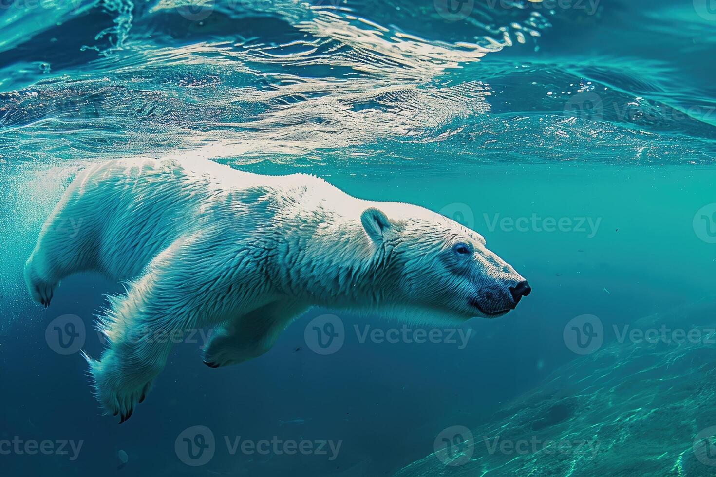 ai genererad polär Björn simning i de blå artic hav på en klar solig dag foto