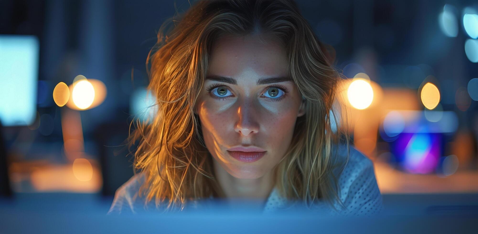 ai genererad kvinna ser på dator skärm på natt foto