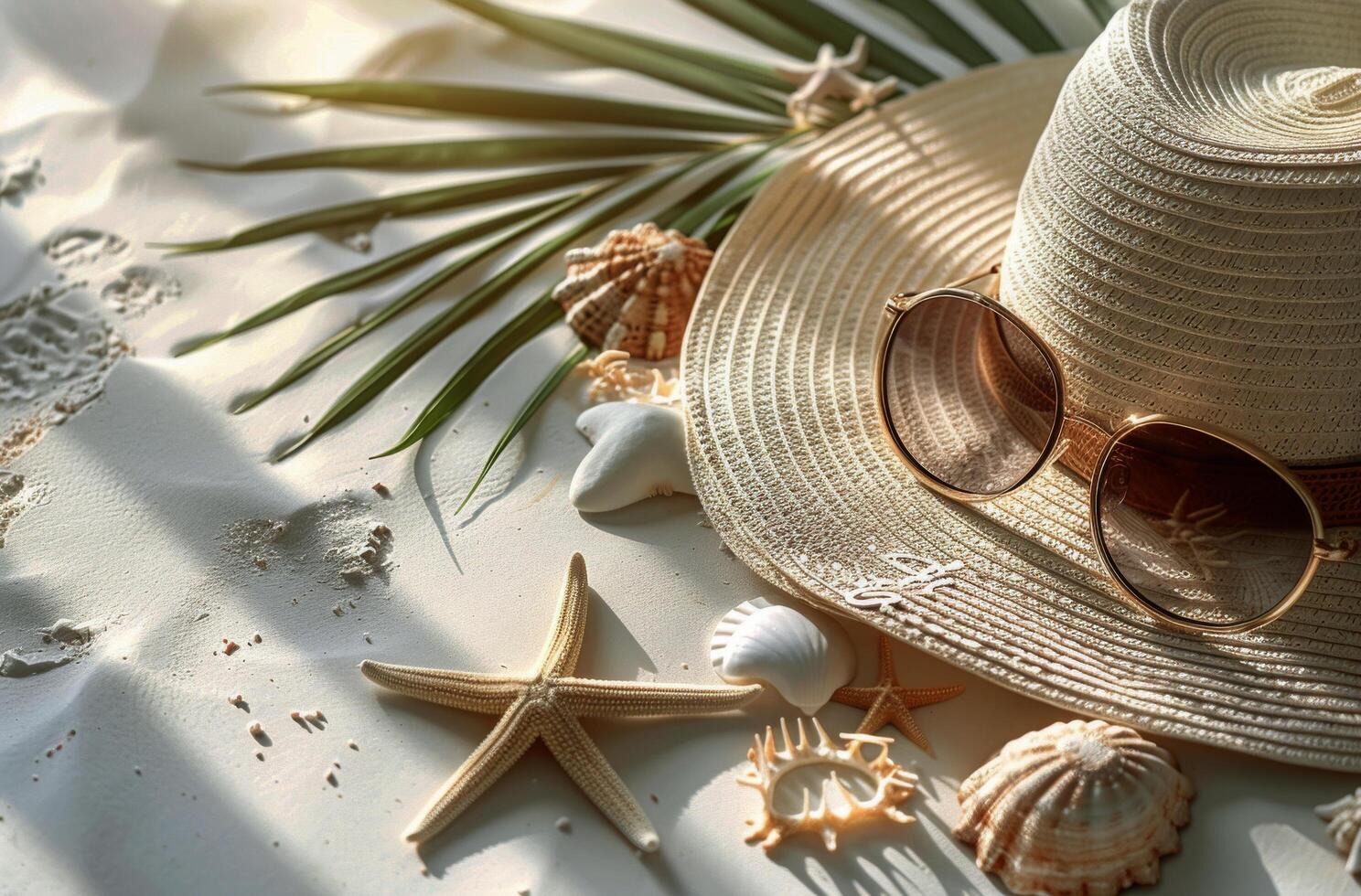 ai genererad hatt, solglasögon, och sjöstjärna på strand foto