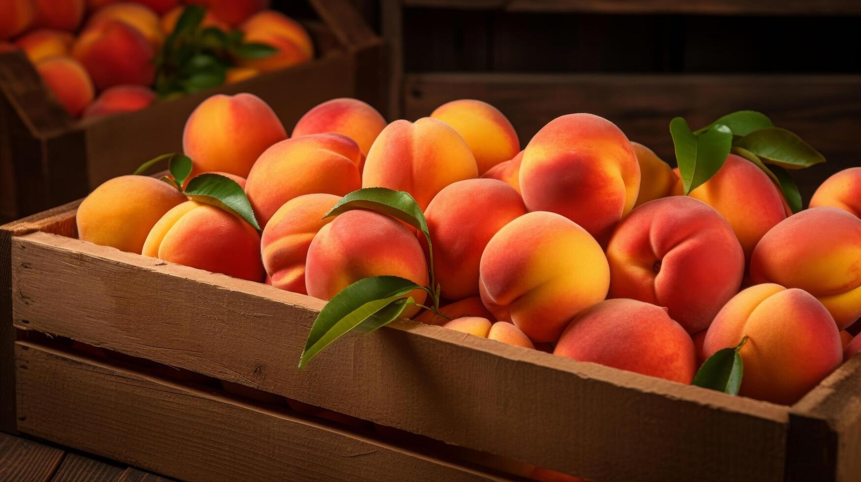 ai genererad charmig visa av färsk persikor i en rustik spjällåda foto