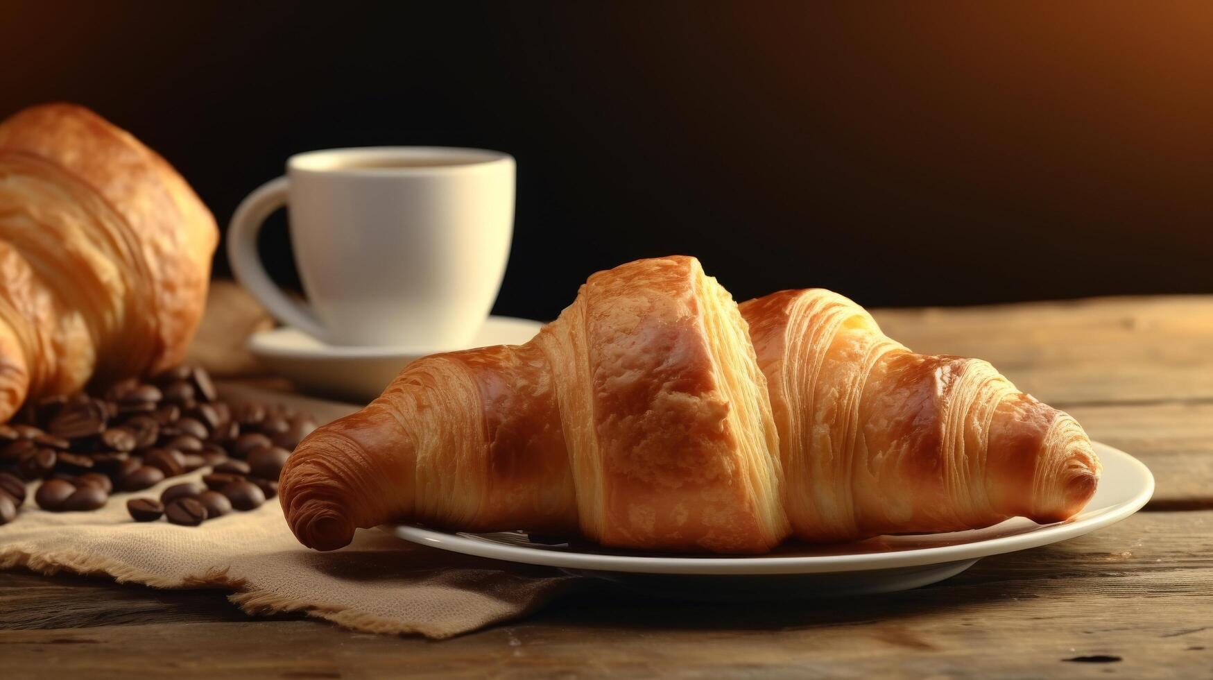 ai genererad croissanter och kaffe anordnad på en trä- tabell foto