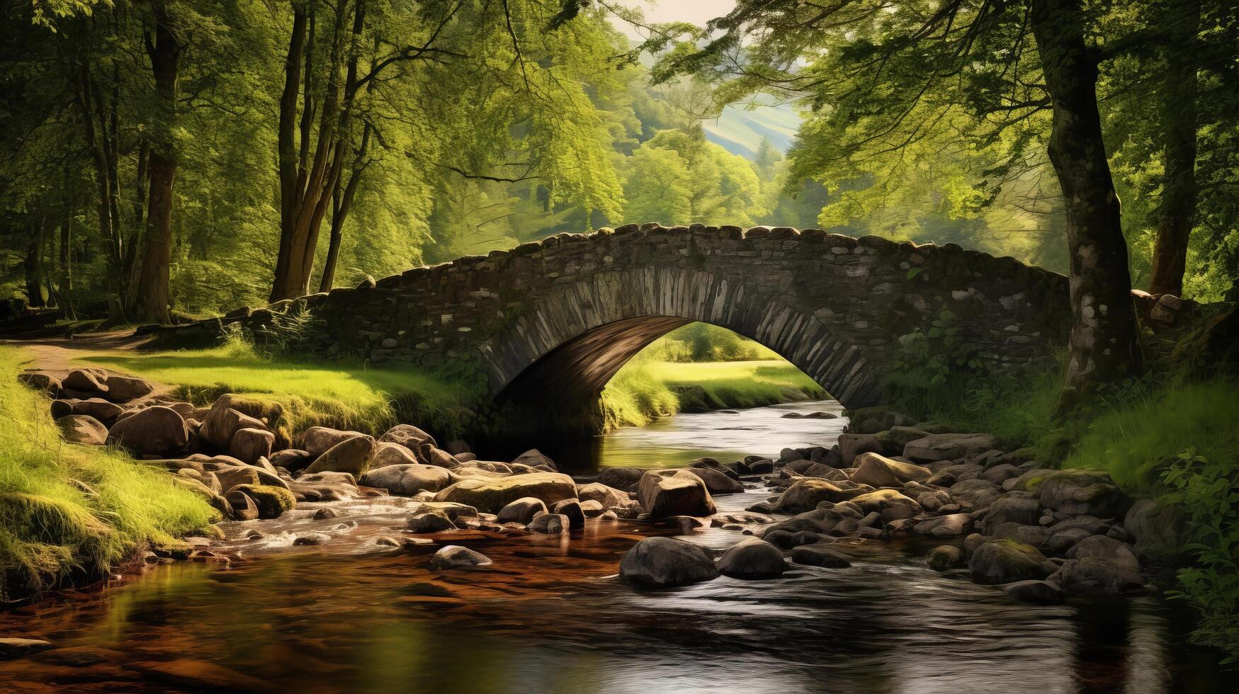 ai genererad sten bro korsning lugn flod foto