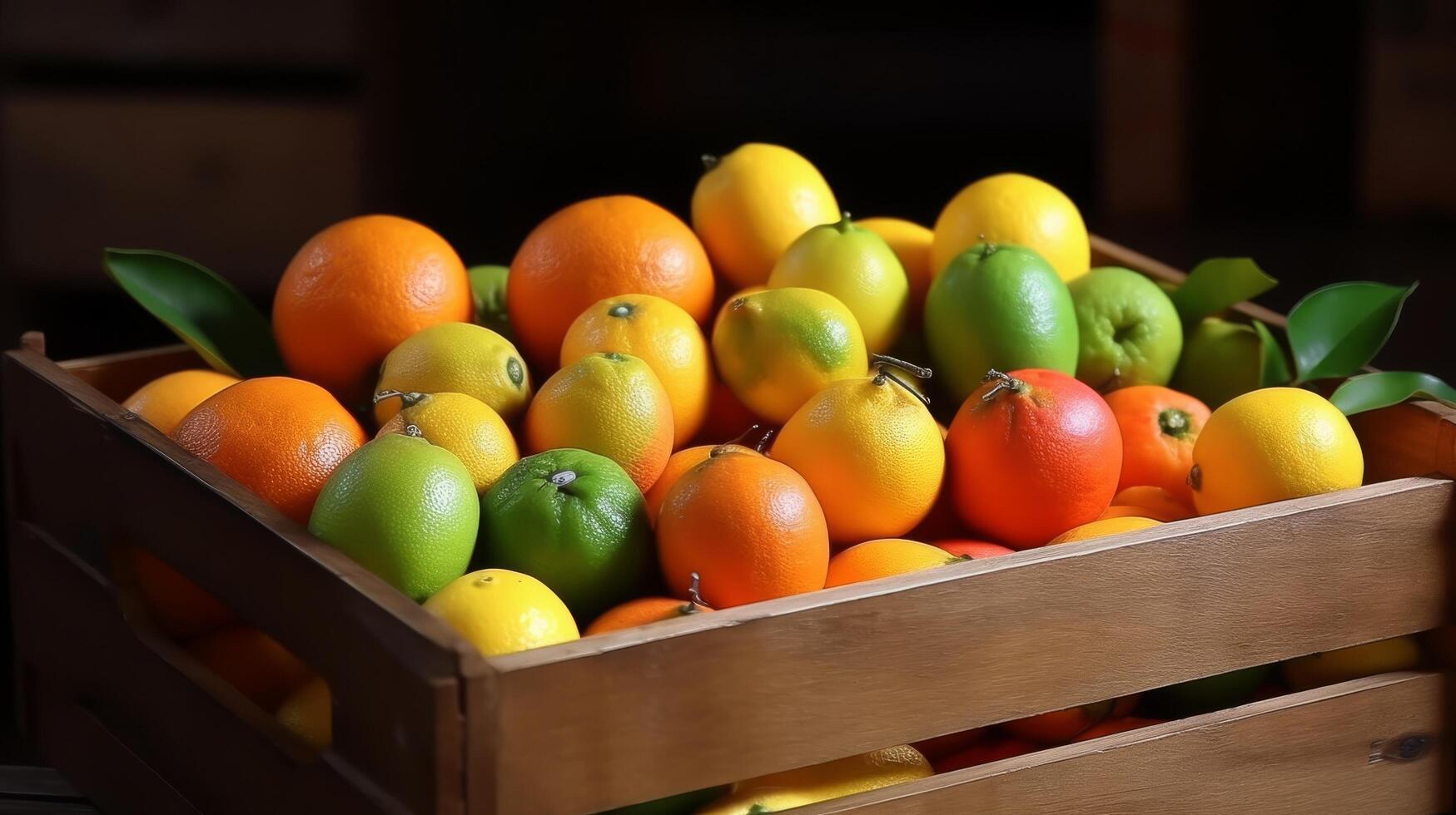 ai genererad trä- spjällåda fylld med läcker och färgrik citrus- frukt foto