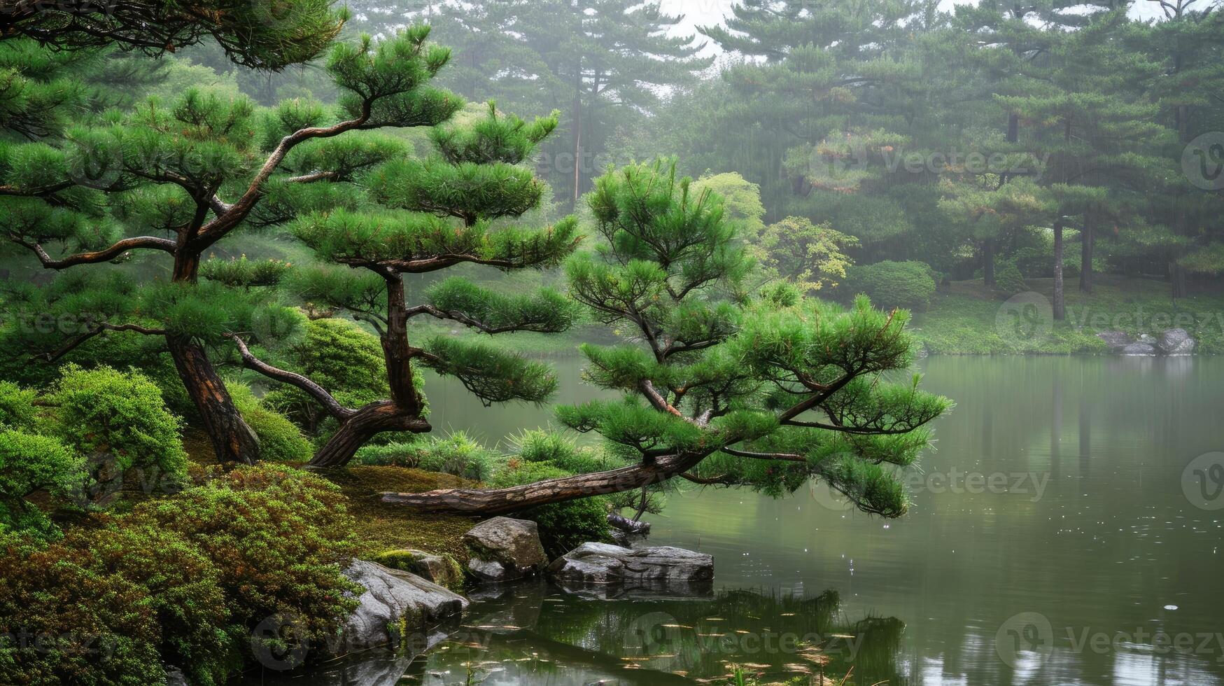 ai genererad japansk trädgård tall träd i vår regn. foto