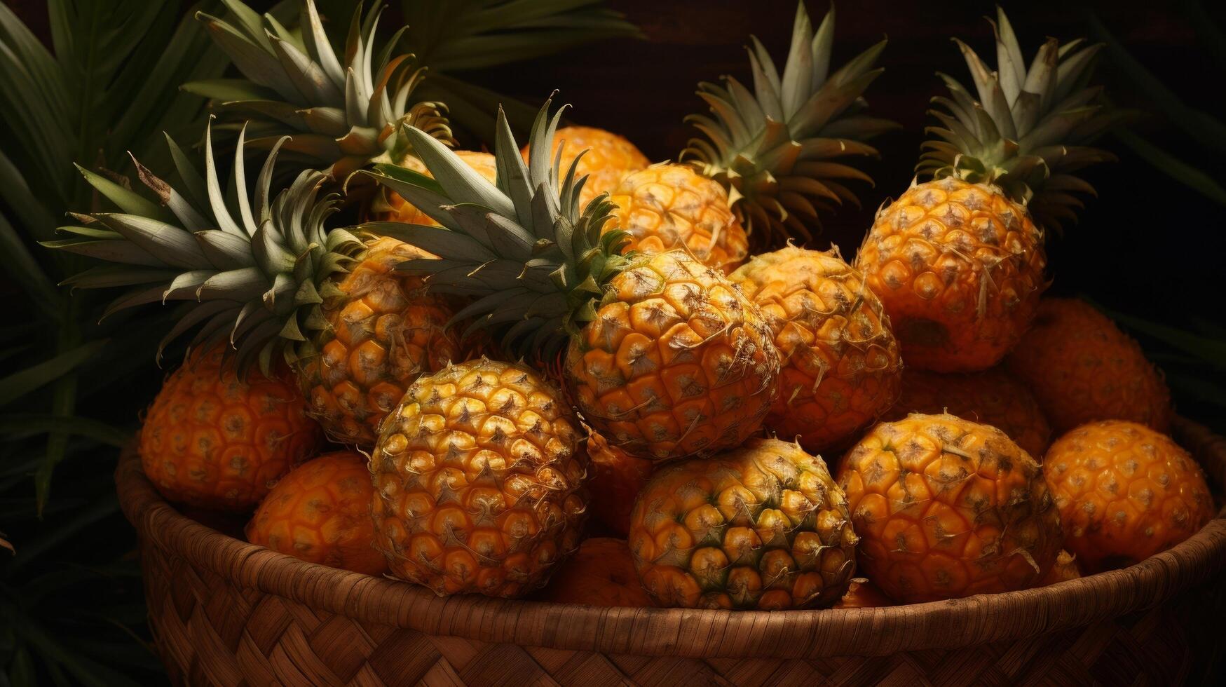 ai genererad vävd korg fylld med ljuv, mogen ananas foto