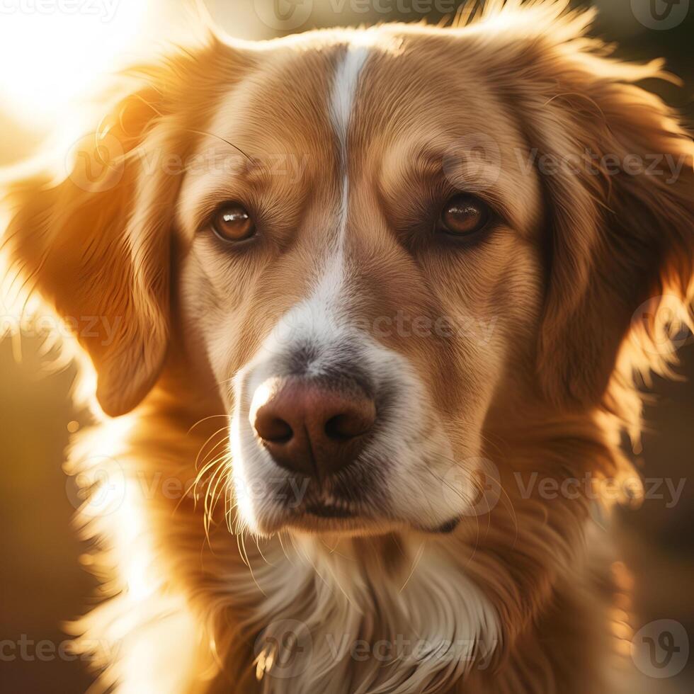 ai genererad närbild av en hund med uttrycksfull ögon, badade i värma, gyllene solljus foto