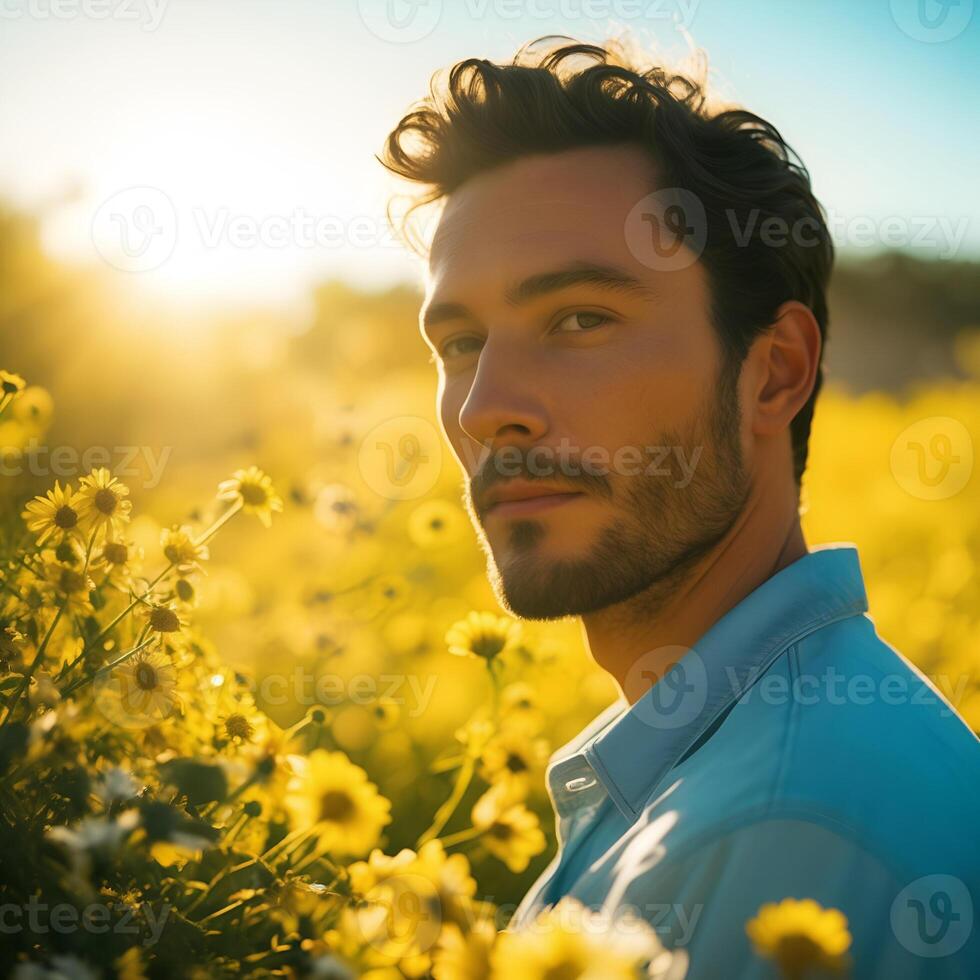 ai genererad en person mitt i en vibrerande fält av gul blommor, sola i de gyllene solljus. de ansikte är inte synlig, säkerställa Integritet foto