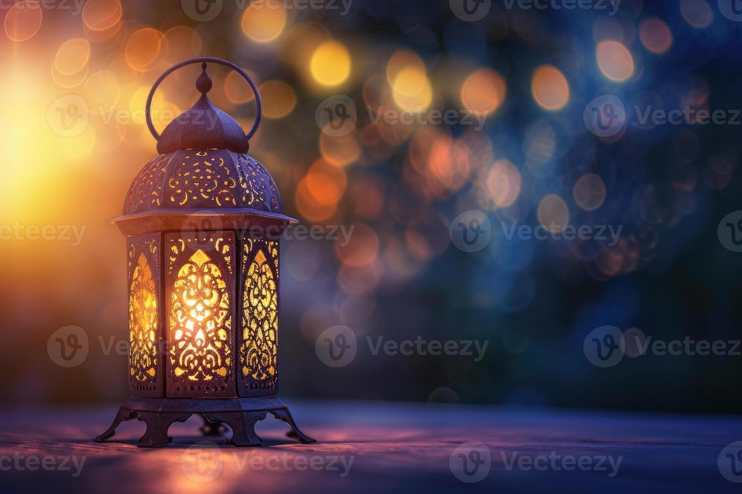 ai genererad ramadan kareem kalligrafi, dekorativ arabicum lykta med brinnande ljus lysande på natt. hälsning kort, inbjudan för muslim helig månad ramadan kareem. foto