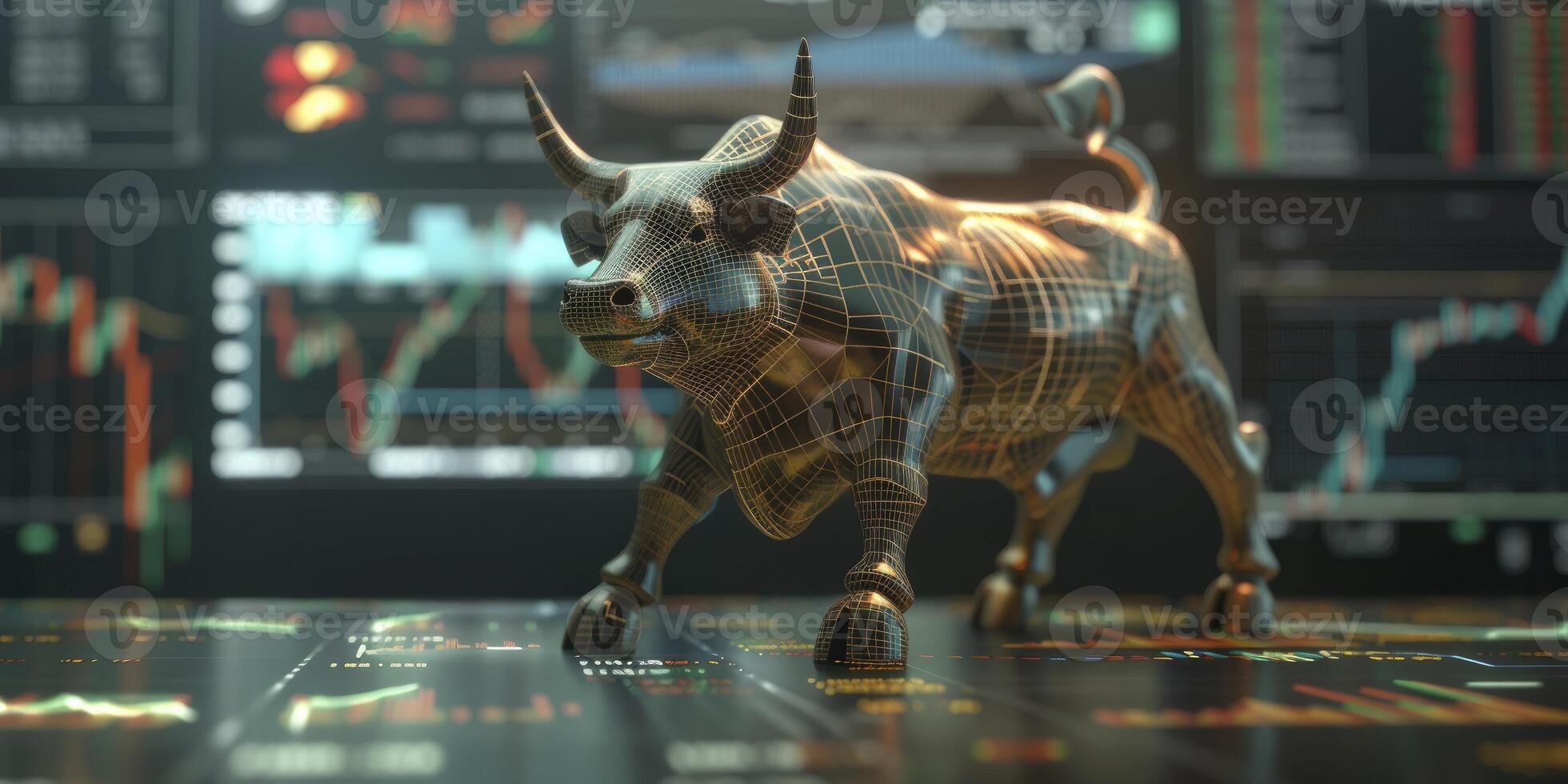 ai genererad 3d begrepp framställa av en stock marknadsföra tjur design med stock Diagram i de bakgrund foto