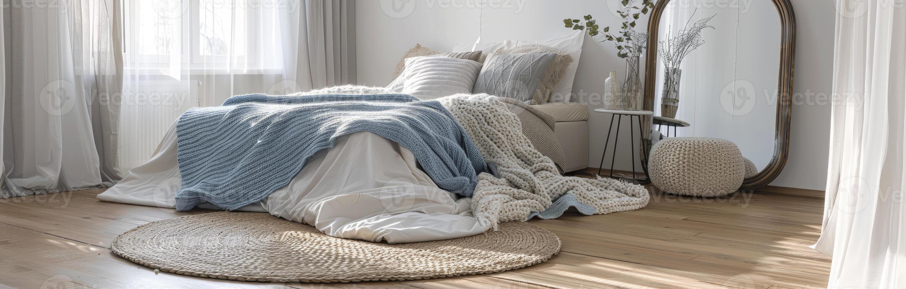 ai genererad eleganta sovrum interiör med vit väggar och trä- golv, med de säng i de stil av scandinavian design. minimalistisk Hem dekor begrepp foto